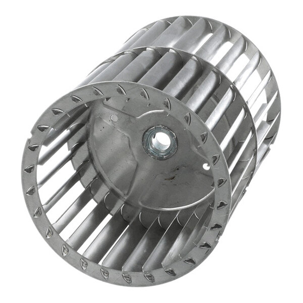 A cylindrical metal fan wheel with evenly spaced blades and a central mounting hole.