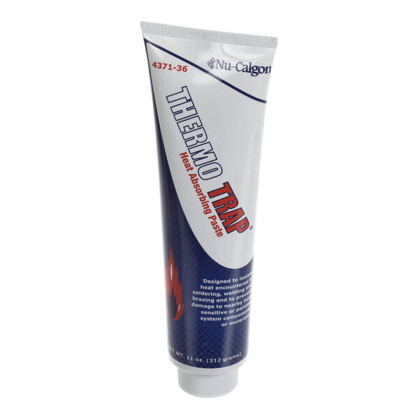 A tube labeled 'THERMO TRAP Heat Absorbing Paste' by Nu-Calgon, with a blue and white design and text describing its use for isolating heat during soldering and welding.