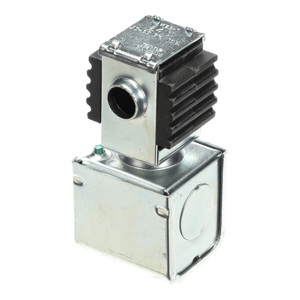 A metallic solenoid valve coil assembly with a square base and a ribbed black heat sink on top.