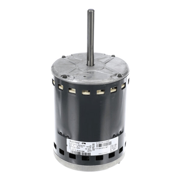 A cylindrical electric motor with a central shaft extending vertically from the top and a label with specifications on the side.