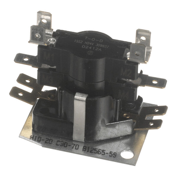 A black and metallic electrical component with multiple terminals mounted on a metal base.