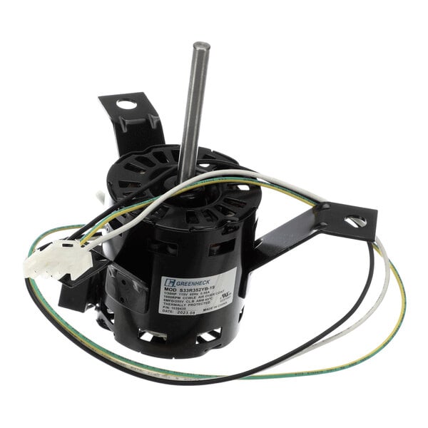 A small electric motor with a central shaft, mounting brackets, and attached wiring.