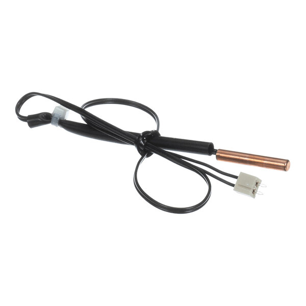 A black cable with a copper cylindrical sensor on one end and a white plastic connector on the other end.