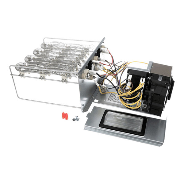 A metal assembly with coiled heating elements, electrical wiring, a circuit breaker, and a mounting plate, along with a few small hardware pieces.
