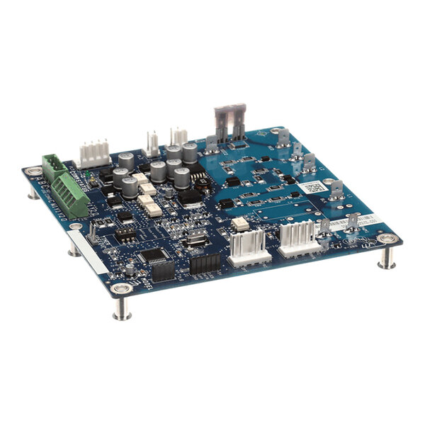 A blue electronic circuit board with various capacitors, connectors, and integrated circuits mounted on four standoffs.