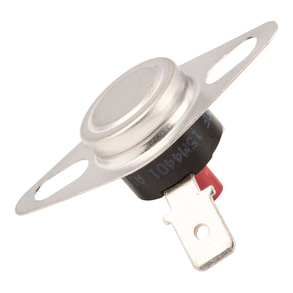 A small metal and plastic electronic component with two mounting holes and a single electrical terminal.