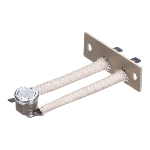 A metal component with two fabric-covered wires attached to a rectangular mounting plate, featuring a round metallic part at one end.