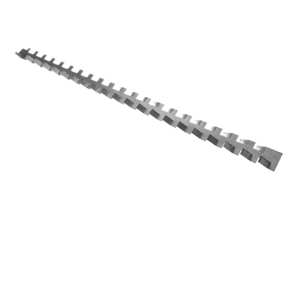A long, metallic strip with evenly spaced rectangular cutouts along its length, photographed on a white background.
