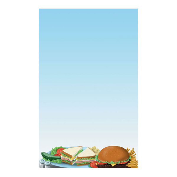 An illustration of a sandwich, a burger, chips, and a pickle on a plate with a salt and pepper shaker at the bottom, set against a gradient blue background.