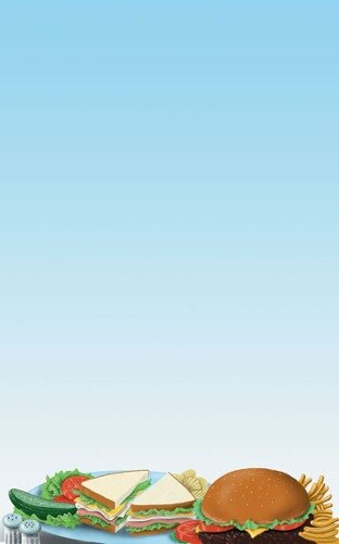 A plate with a sandwich and fries on Coffee Shop themed menu paper.