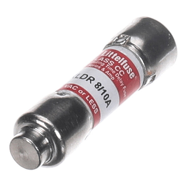 A cylindrical metal fuse with a red and white label wrapped around its body.