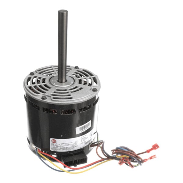 A cylindrical electric motor with a central shaft, vented top cover, and several colored wires extending from the base.
