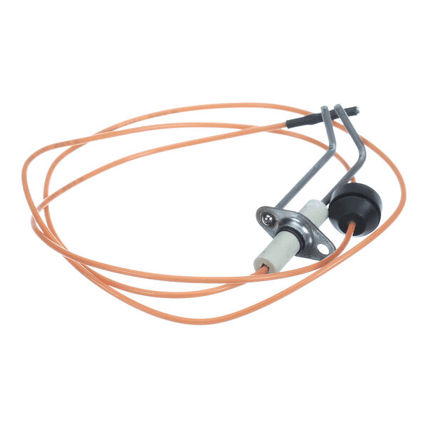 A metal and ceramic component with two orange wires attached, likely an ignitor or sensor part.