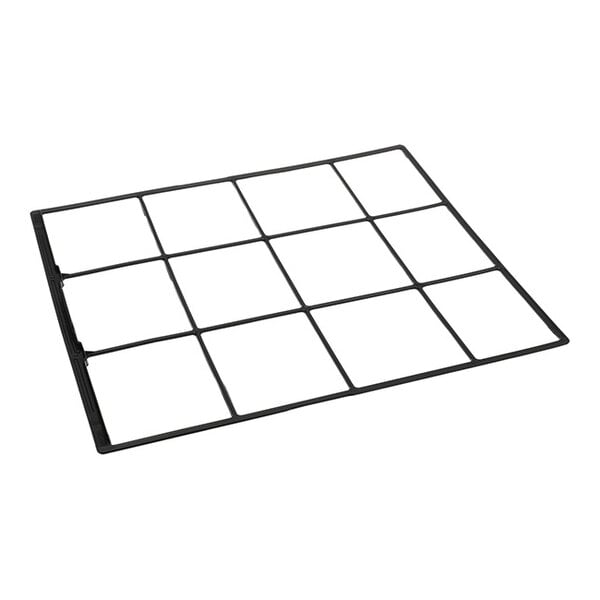 A rectangular black grid-like frame with multiple square openings, viewed at an angle on a white background.