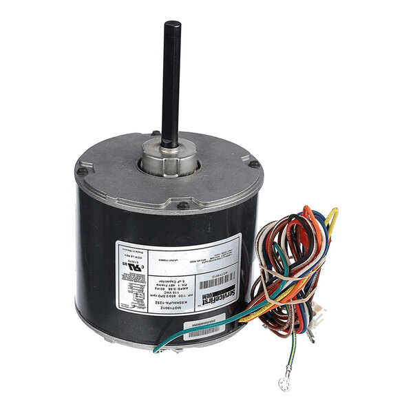 A cylindrical electric motor with a central shaft and a bundle of multicolored wires attached to its side.