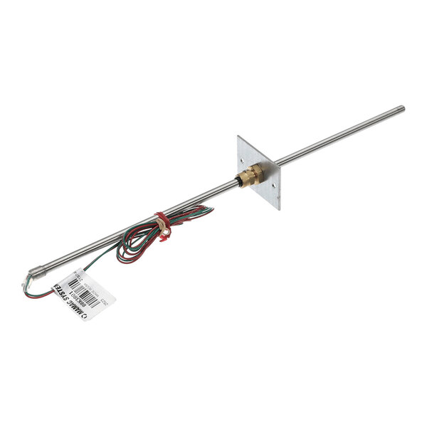 A metal rod-like sensor with a mounting plate and attached wires, likely used for temperature measurement.