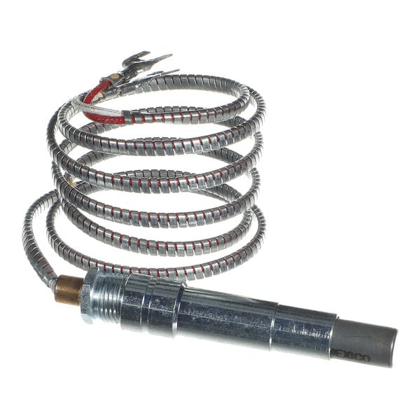 A coiled metal wire with a cylindrical metallic component attached at one end and two exposed wire connectors at the other end.