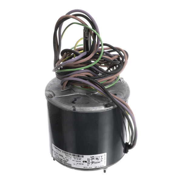 A cylindrical electric motor with multiple colored wires coiled on top and a label with technical specifications on the side.