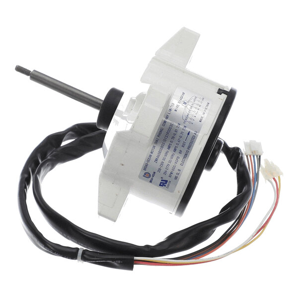 A white electric motor with a metal shaft, attached wiring, and a label with technical specifications.