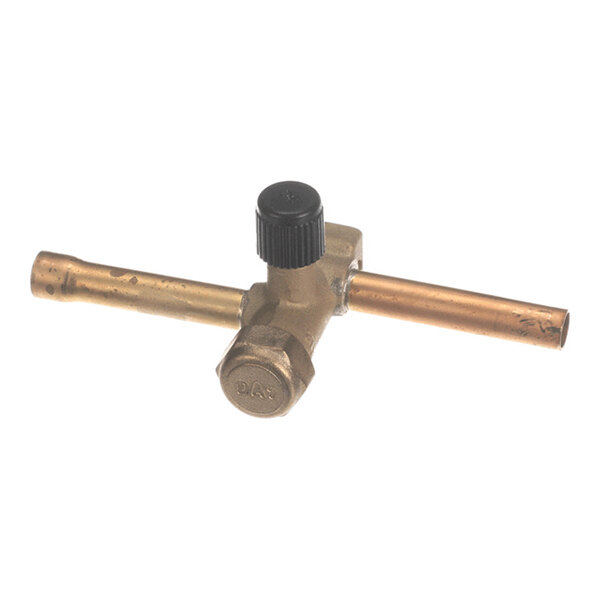 A brass valve with a black plastic knob and two copper pipe connections extending horizontally.