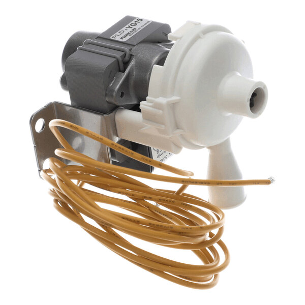 A small mechanical device with a white circular housing, attached metal bracket, and a long yellow electrical wire.