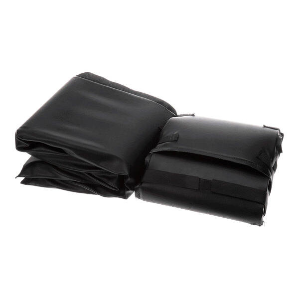 Two folded black, rectangular, padded objects with a smooth, leather-like surface are shown against a white background.