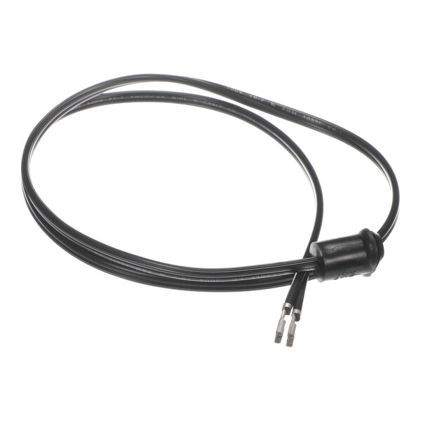 A black electrical wiring harness with two exposed metal connectors at one end and a cylindrical component near the connectors.