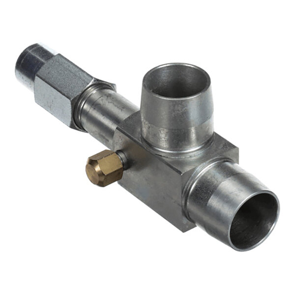A metallic angle valve with multiple cylindrical connectors and a brass adjustment screw.