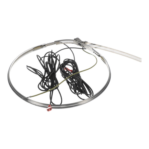 A metal band with an attached tightening mechanism and several long electrical wires coiled inside the ring.