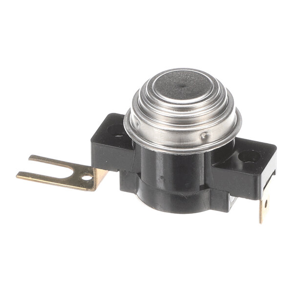 A small electronic component with a round metallic top, black plastic base, and two flat metal terminals extending from the sides.