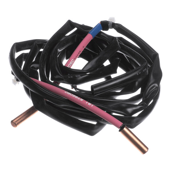 A coiled black cable with two exposed copper ends and a pink wire section, likely part of an electronic or HVAC component.