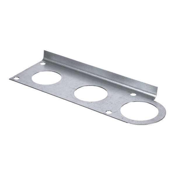 A flat metal bracket with three large circular cutouts and several smaller holes, featuring a bent edge along one side.