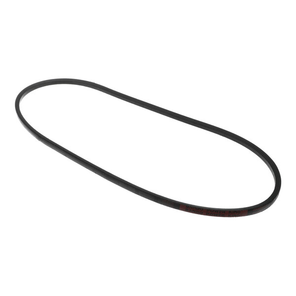 A black, oval-shaped rubber belt is shown against a white background.