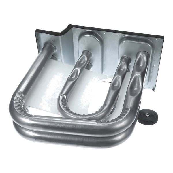 A metallic heat exchanger component with three curved tubular sections attached to a flat mounting plate.