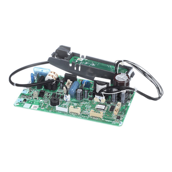 A green printed circuit board with various electronic components, connectors, and attached black wires.