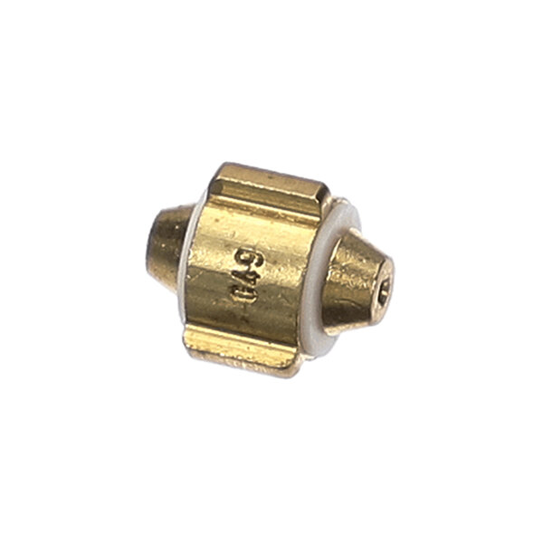 A small, cylindrical brass component with a white ring and engraved markings, viewed against a white background.