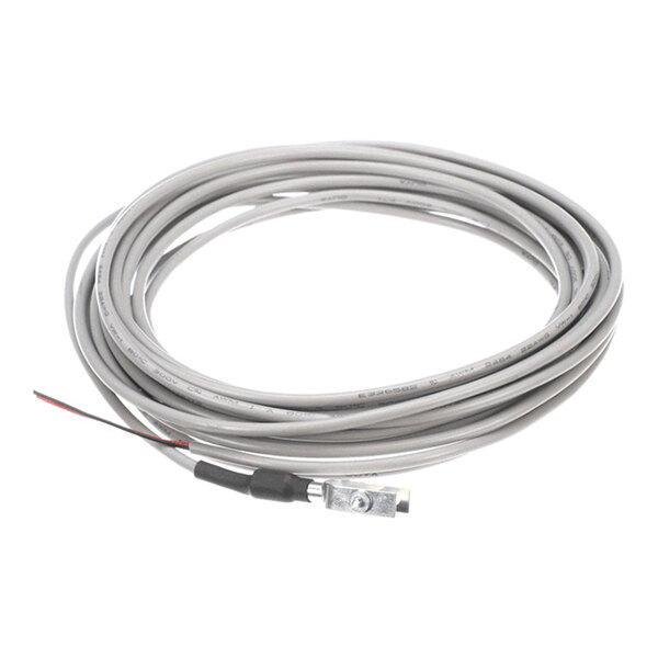 A coiled gray cable with a small metal clamp and exposed wires at one end.