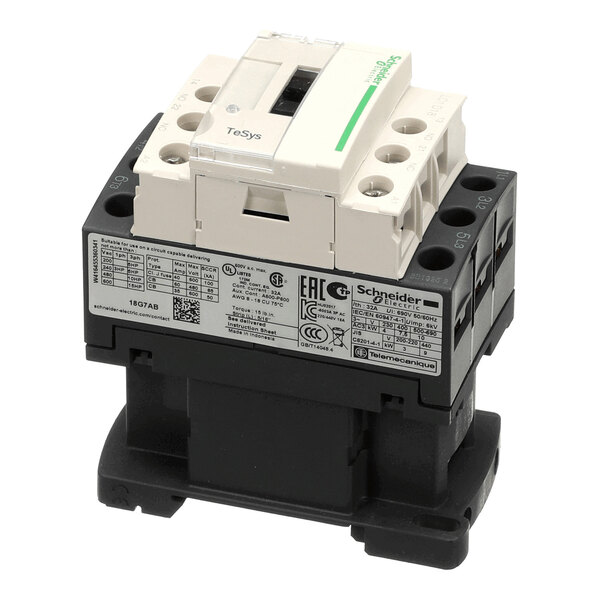 A three-pole electrical contactor with labeled terminals and a white and black housing, featuring detailed technical specifications on the side.