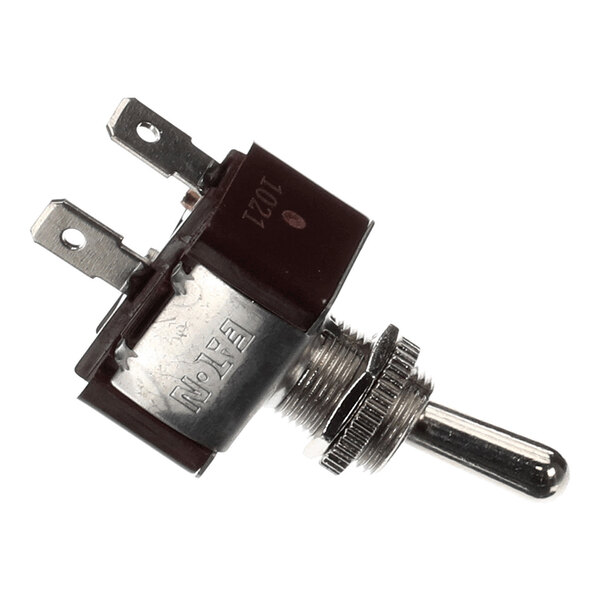 A metal toggle switch with three terminal connectors and a threaded mounting shaft.