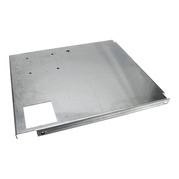 A flat, metallic mounting plate with a rectangular cutout and several small holes, likely used for securing components.