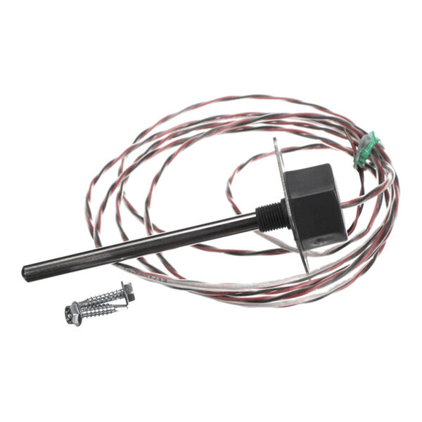 A metal rod-shaped sensor with an attached mounting plate, long twisted wires, and two screws.