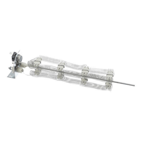 A metal assembly featuring coiled wire heating elements mounted on a rod with brackets and an attached electrical component at one end.