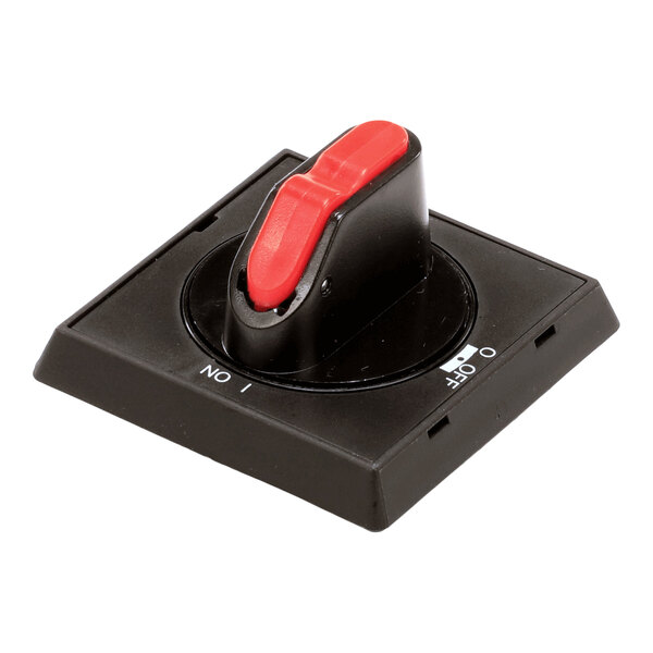 A black and red rotary switch with a square base, featuring labeled positions for ON and OFF.