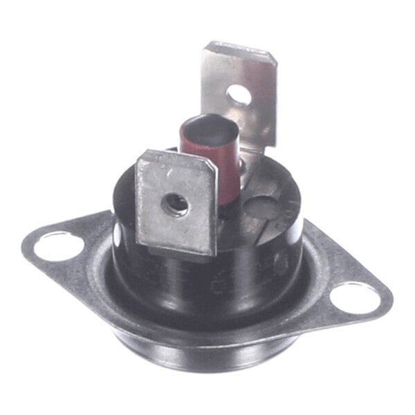 A small round metal component with two flat metal terminals and a mounting flange with two holes.