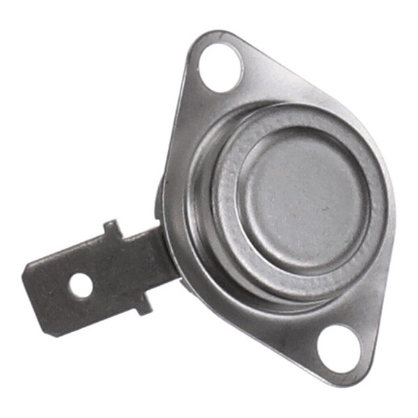 A small metallic component with a round, raised center and two mounting holes, featuring a flat tab with a hole for electrical connection.