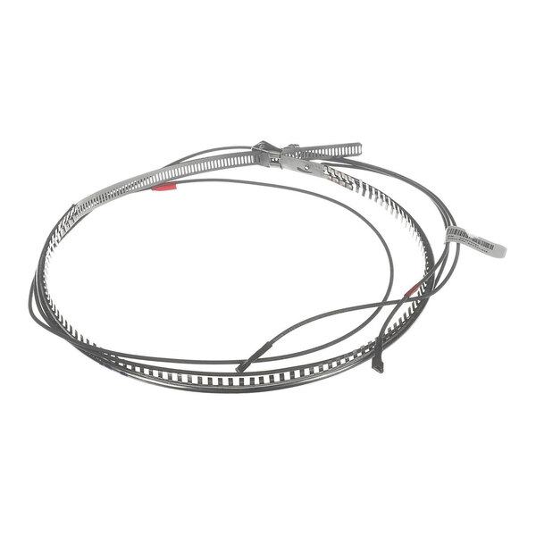 A coiled metal strip with attached wires and connectors, likely an electrical heating element.