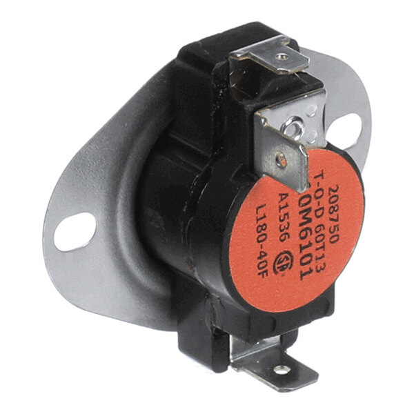 A round, black and orange electronic component with metal mounting flanges and two electrical terminals.
