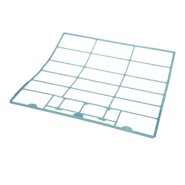 A light blue, rectangular plastic grid with multiple square openings, slightly curved and photographed on a white background.