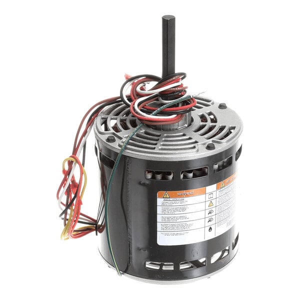 A cylindrical electric motor with a metal housing, visible ventilation slots, a central shaft protruding from the top, and several colored wires extending from the top.