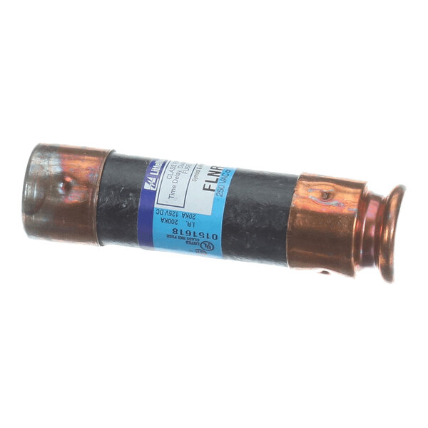 A cylindrical fuse with metallic ends and a labeled body, featuring a blue and white label with technical specifications.